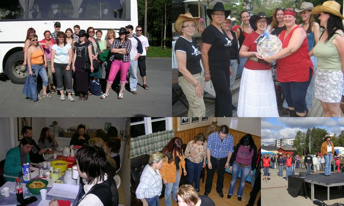 2007. Porukkaa on lähdössä Saarifesteille. Borderline Country Dancers tuo meille 5v lahjan. Kokoustellaan. Vuosijuhlissa menossa kilpailu ja kaupungin rannassa tanssin opetusta.